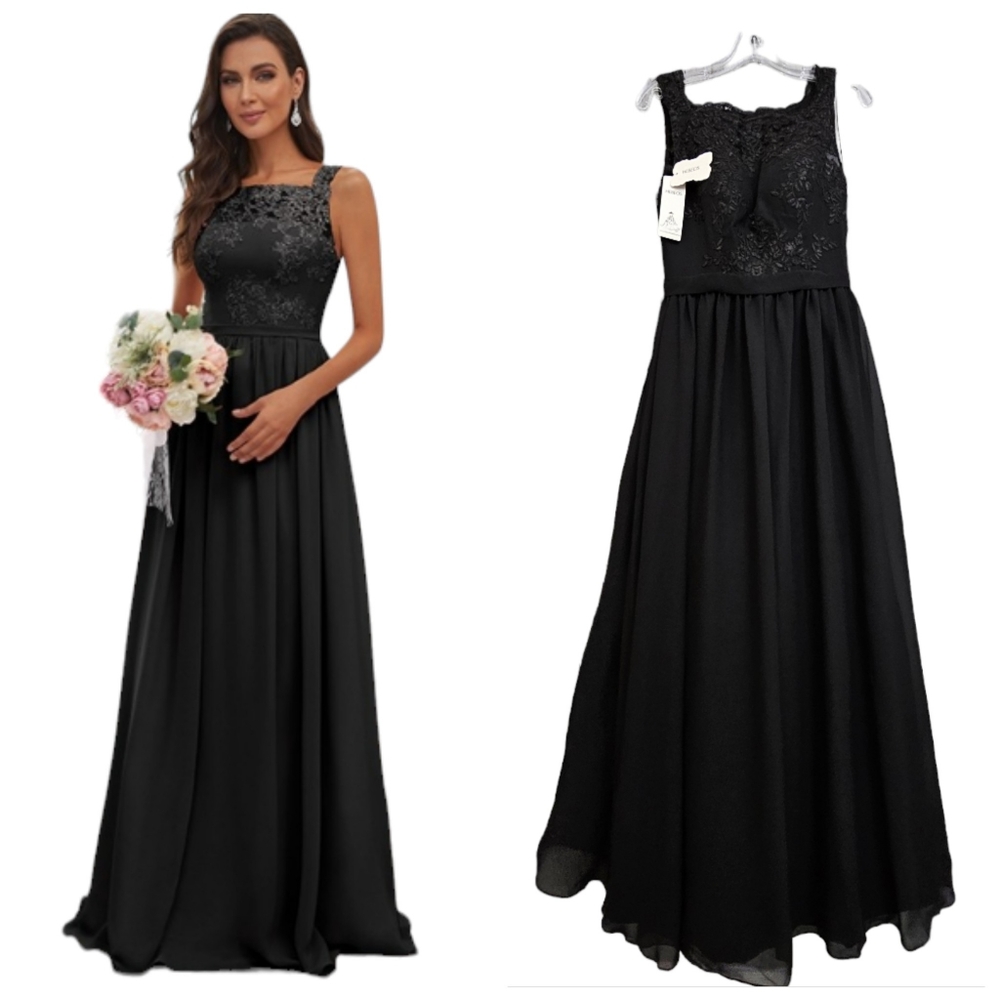 Nwt HEBEOS Black Floral Lace Bodice Chiffon Gathered Skirt Floor Length Gown